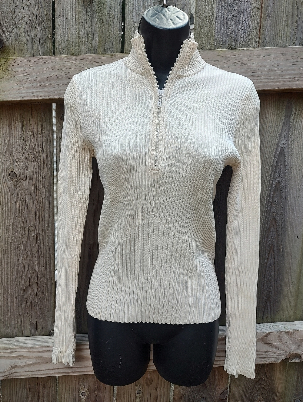 🏵️ Caché VTG Silk Blend Cream Ribbed Knit Stretch Rhinestone Sweater Small